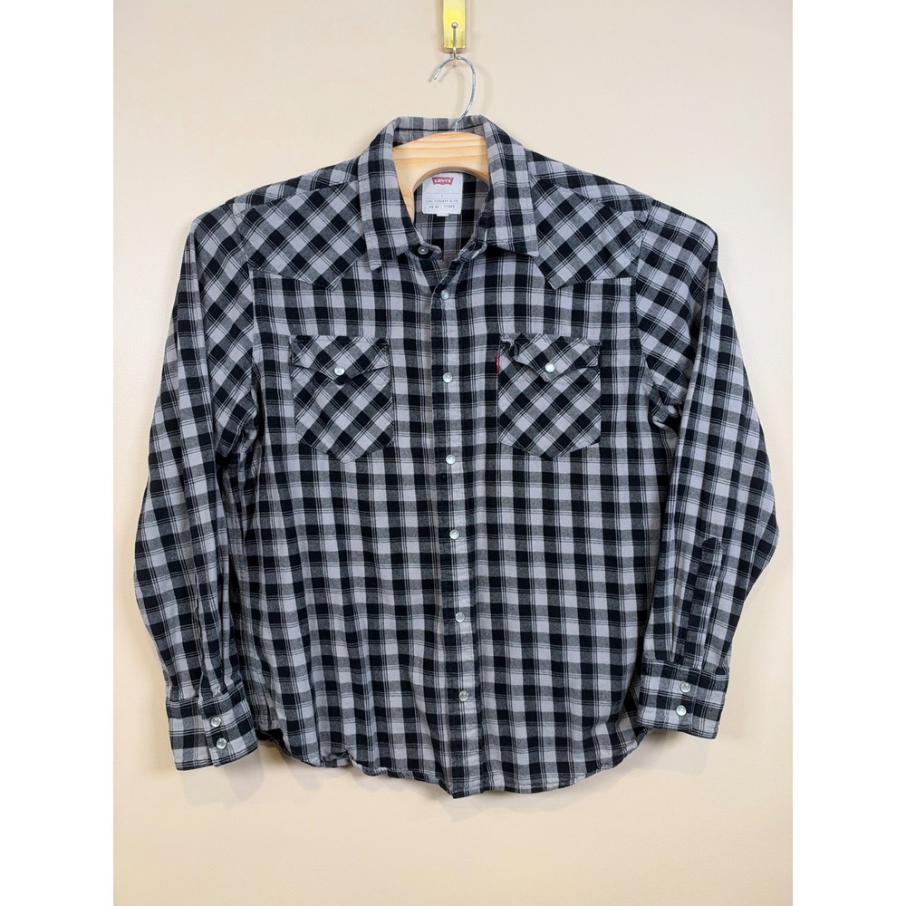 Levis Barstow Western Shirt Mens L Black Grey Plaid Pearl Snap Cotton Flannel